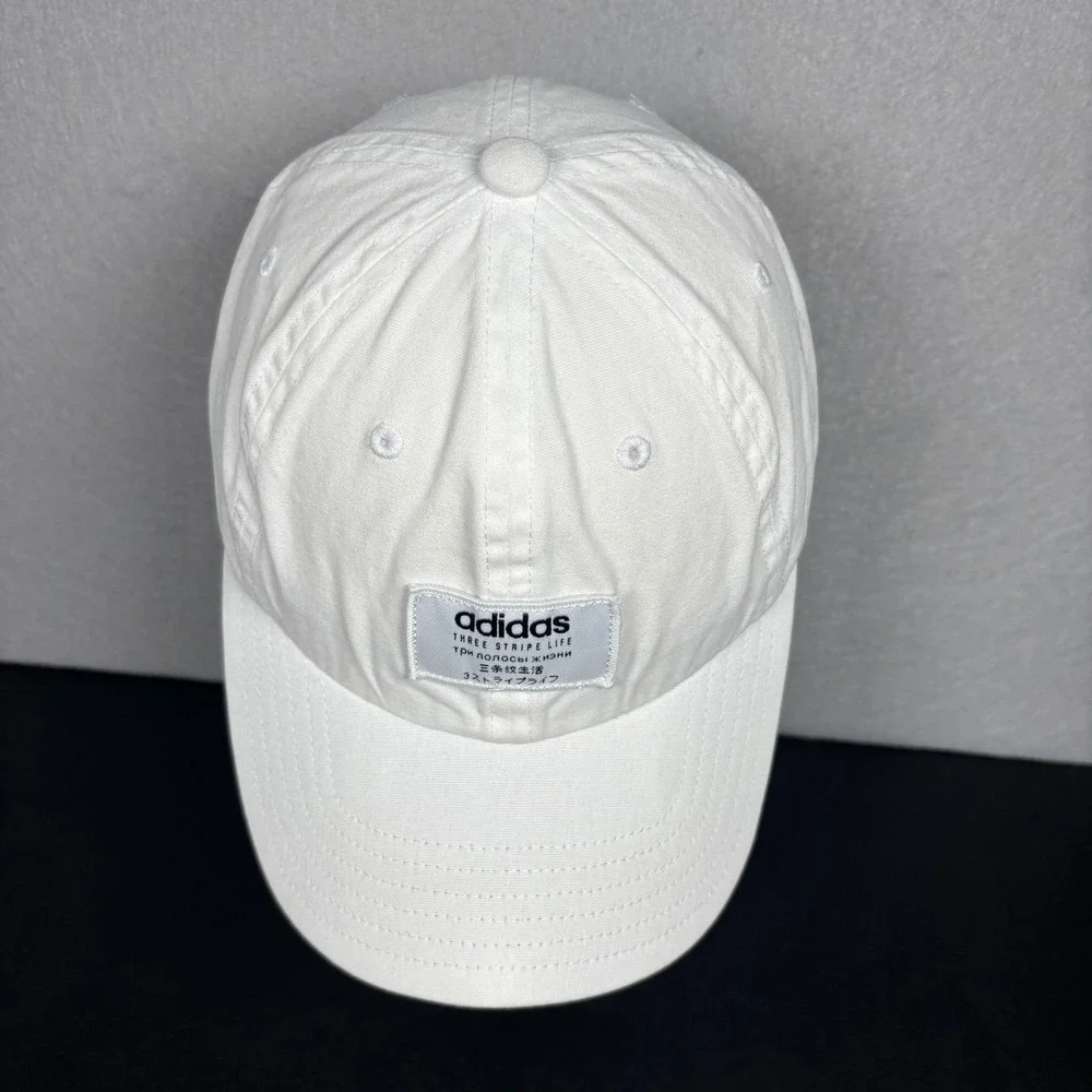 Adidas Three Stripe Life Hat Cap White Adjustable Strapback Multi Language Patch